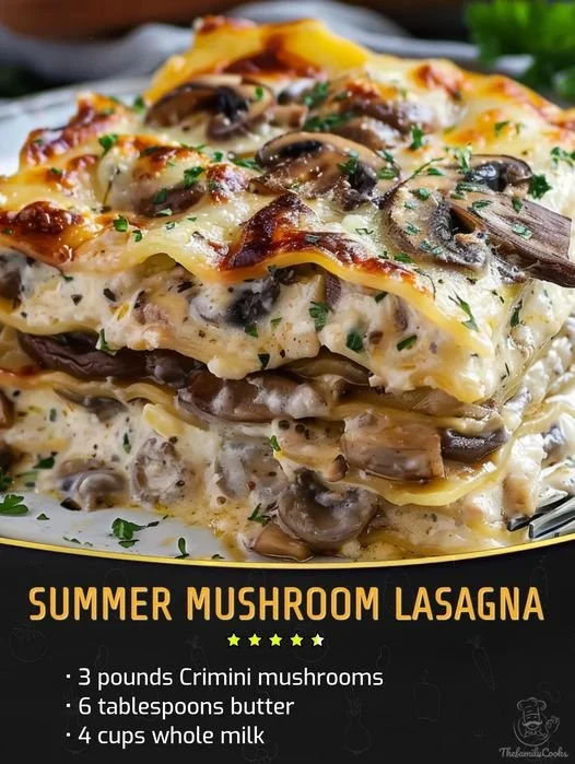 Delicious homemade Mushroom Lasagna with layers of pasta and rich mushroom filling.