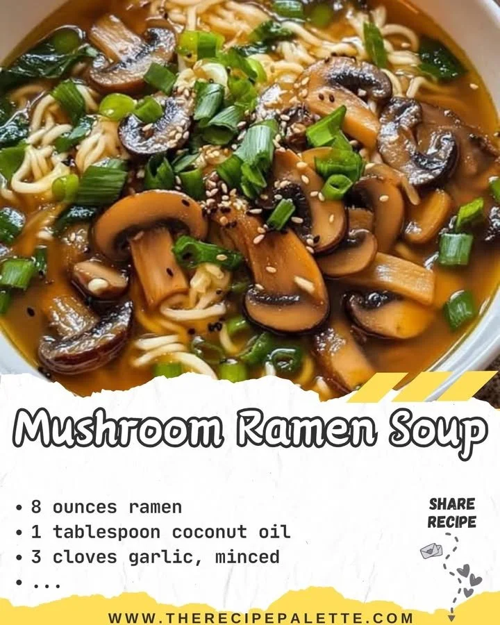 Delicious bowl of mushroom ramen soup topped with fresh herbs and mushrooms.