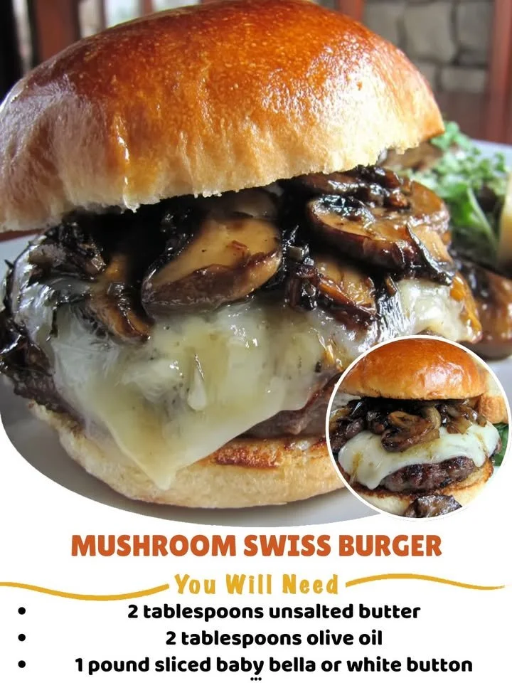 Delicious Mushroom Swiss Burger with melted cheese and sautéed mushrooms