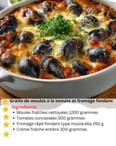 Delicious Mussel Gratin topped with tomato and melting cheese in a baking dish