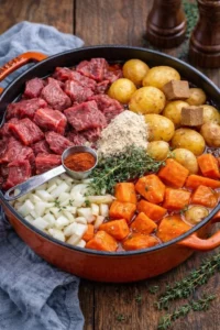 A bowl of hearty beef stew with vegetables and herbs, inspired by my grandma's recipe.
