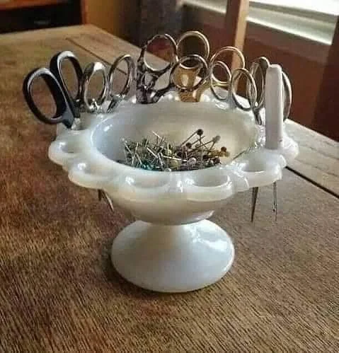 Organized desk with reused items from sewing room and kitchen