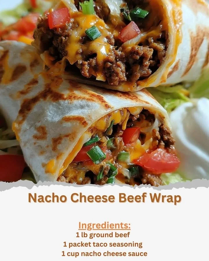 Cheesy beef wrap filled with nacho ingredients, perfect for a tasty meal.
