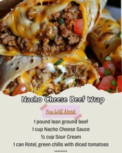 Delicious nacho cheese beef wrap with toppings and melted cheese