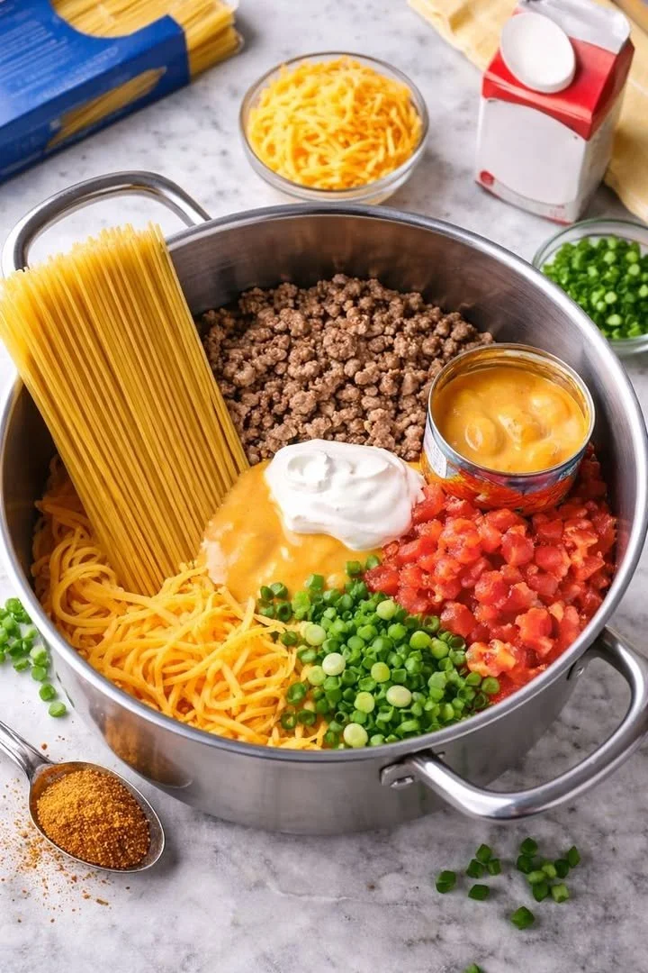 Delicious plate of nacho spaghetti topped with cheese and jalapenos