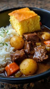Delicious bowl of neckbone stew with vegetables and seasonings