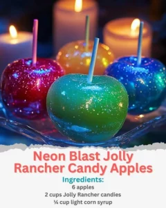 Vibrant Neon Blast Jolly Rancher candy apples with bright colors and shiny glaze