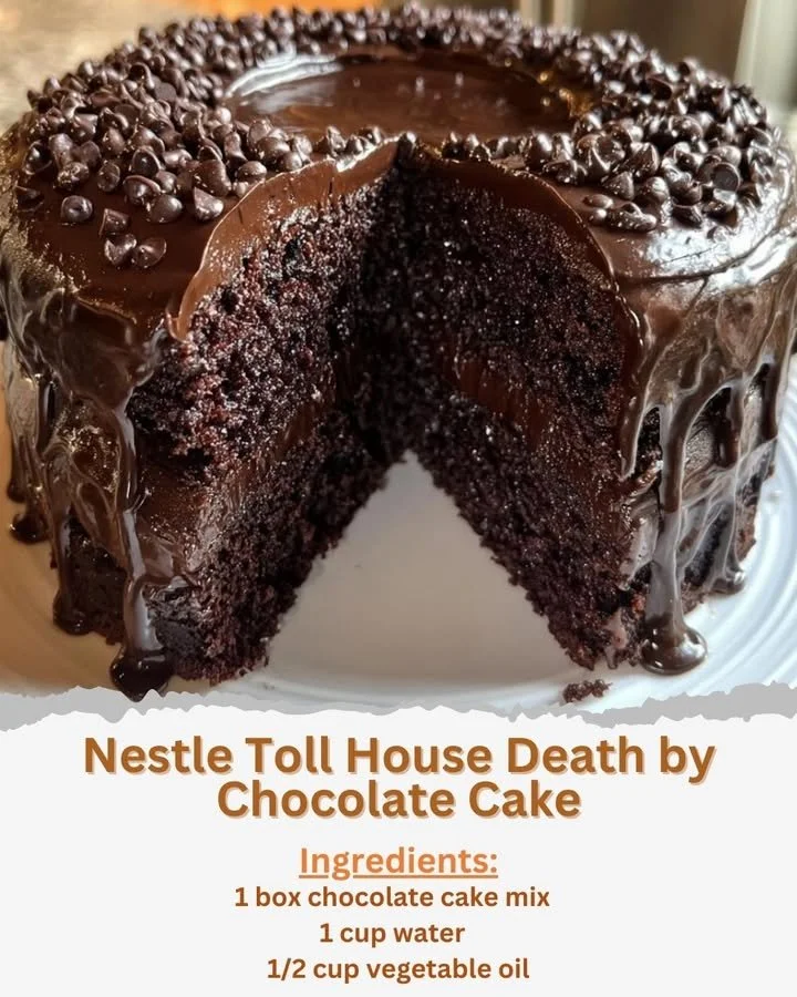 Delicious slice of Nestle Toll House Death by Chocolate Cake with chocolate frosting