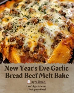 Delicious New Year’s Eve Garlic Bread Beef Melt Bake served on a festive table