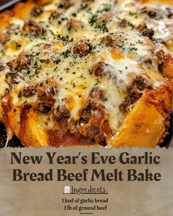 Delicious New Year’s Eve Garlic Bread Beef Melt Bake served on a festive table