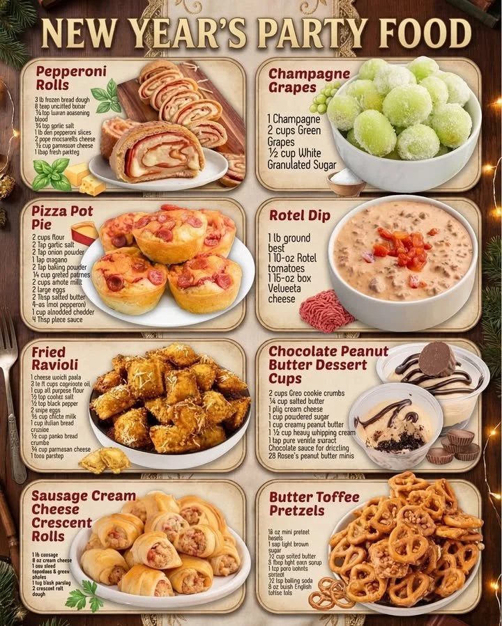 Delicious New Year's party food spread including appetizers and snacks