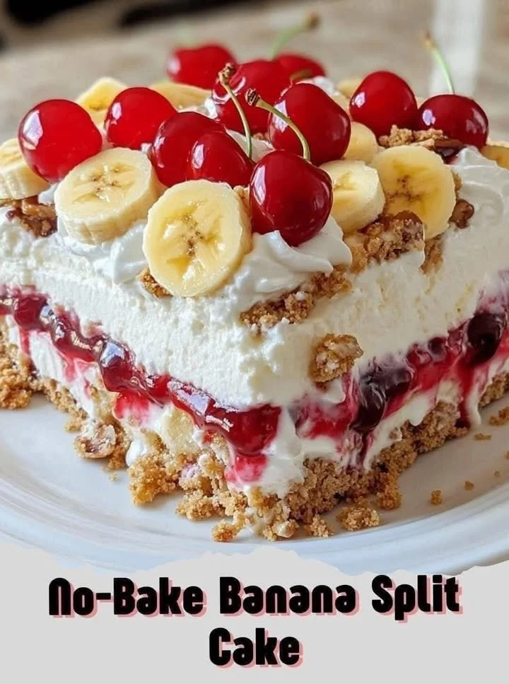 Delicious no-bake banana split cake with strawberries, bananas, and whipped cream