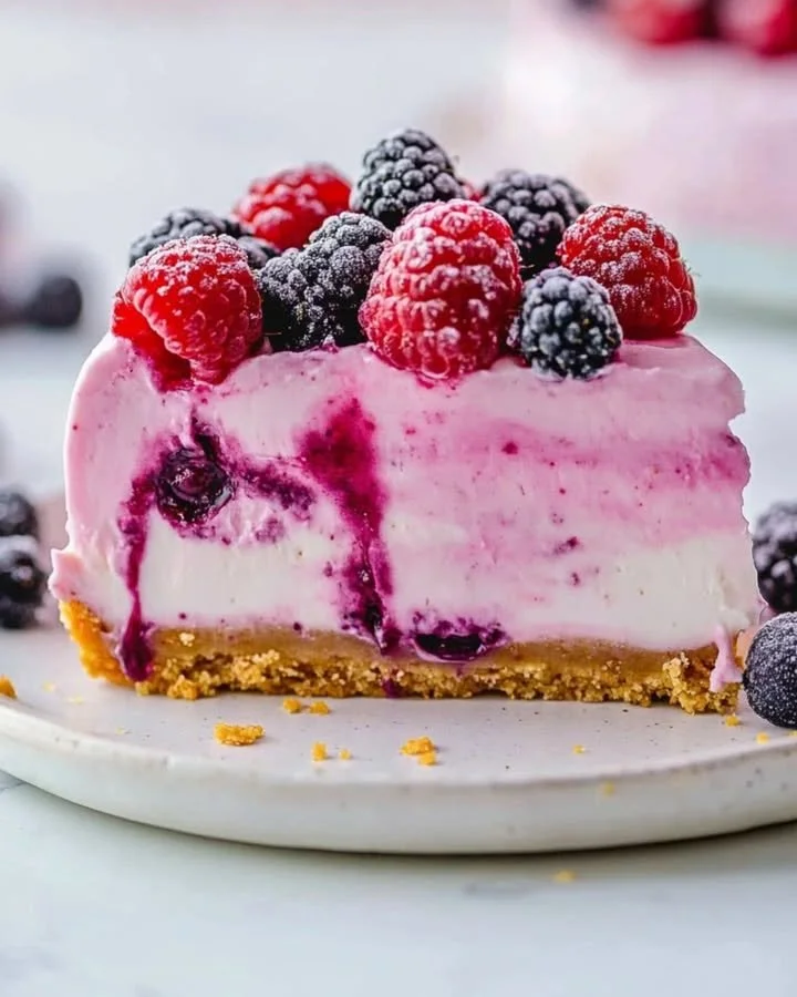 No-bake berry cheesecake topped with fresh berries and whipped cream