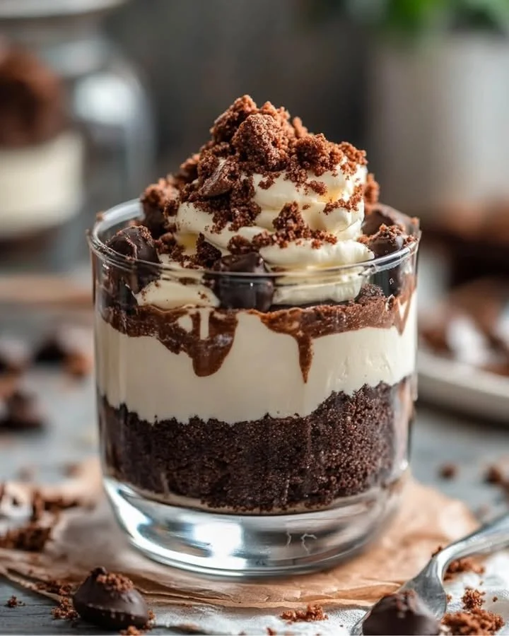 Layers of no-bake brownie cheesecake parfait in a glass.