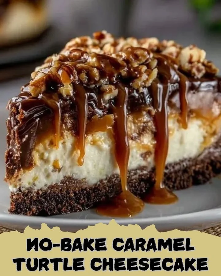No-Bake Caramel Turtle Cheesecake topped with chocolate and caramel drizzle