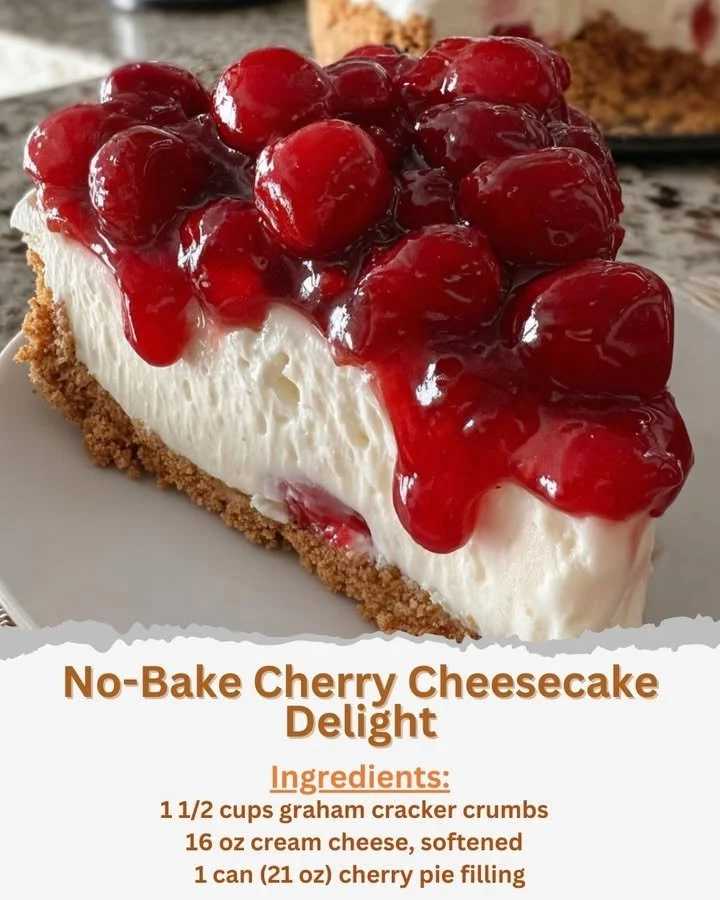 No-bake cherry cheesecake dessert topped with cherry sauce