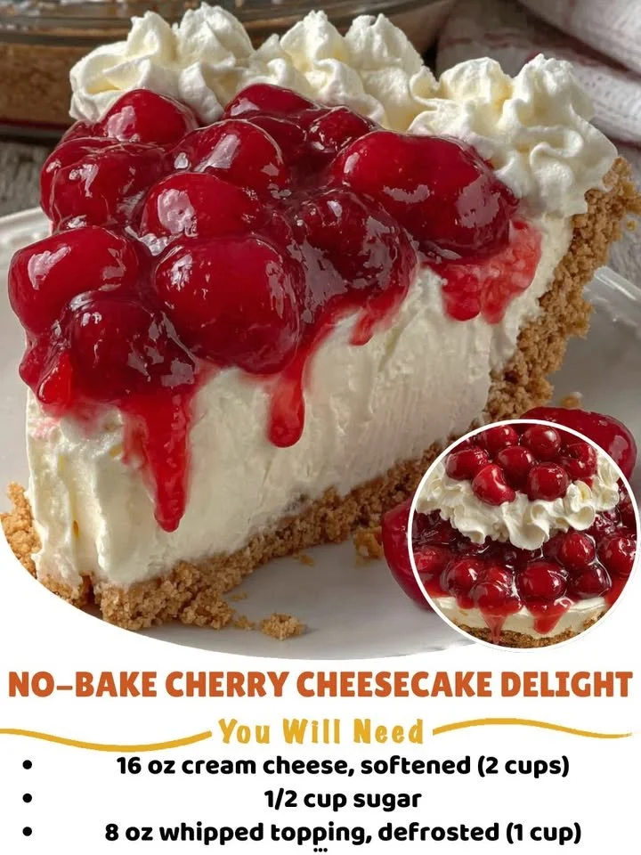 No-Bake Cherry Cheesecake with cherry topping and graham cracker crust
