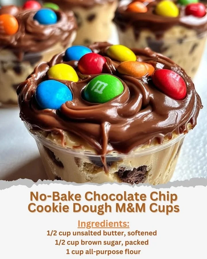 No-bake chocolate chip cookie dough M&M cups on a rustic table
