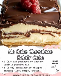 No Bake Chocolate Eclair Cake with layers of chocolate and cream