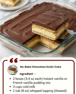 Delicious no-bake chocolate eclair cake with cream filling and chocolate glaze