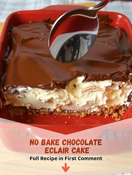 No-bake chocolate éclair cake with layers of cream and chocolate