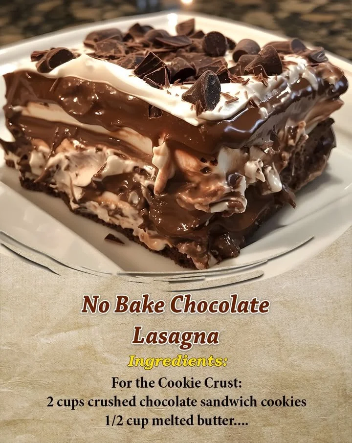 Delicious no bake chocolate lasagna layered with rich chocolate and creamy filling.