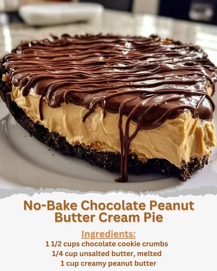 No-bake chocolate peanut butter cream pie topped with chocolate and peanuts