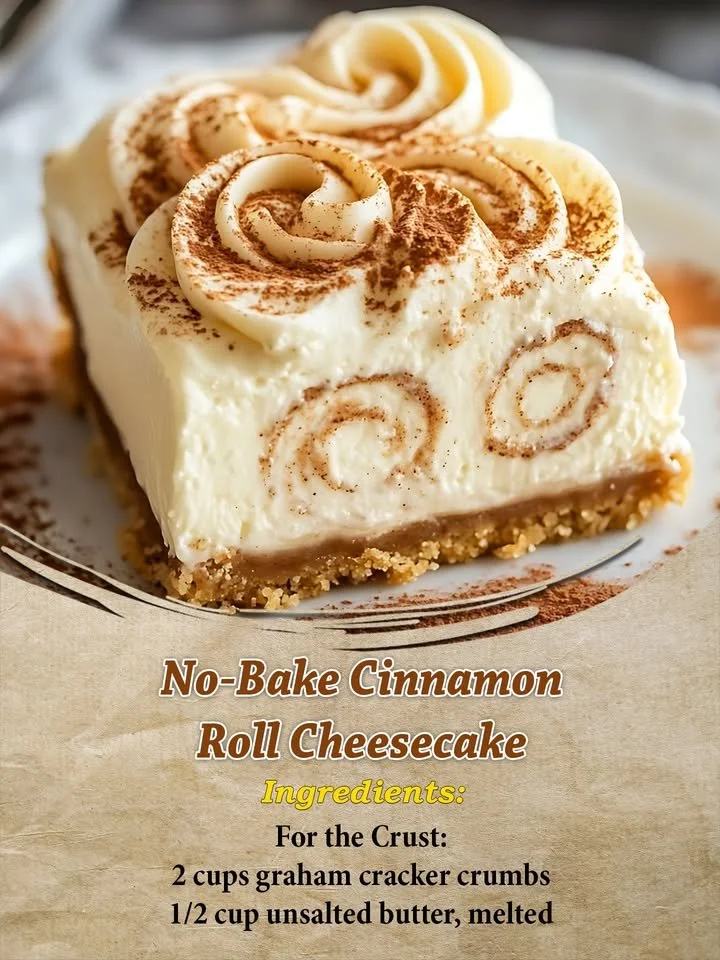 Delicious no-bake cinnamon roll cheesecake topped with swirls of caramel and cinnamon.