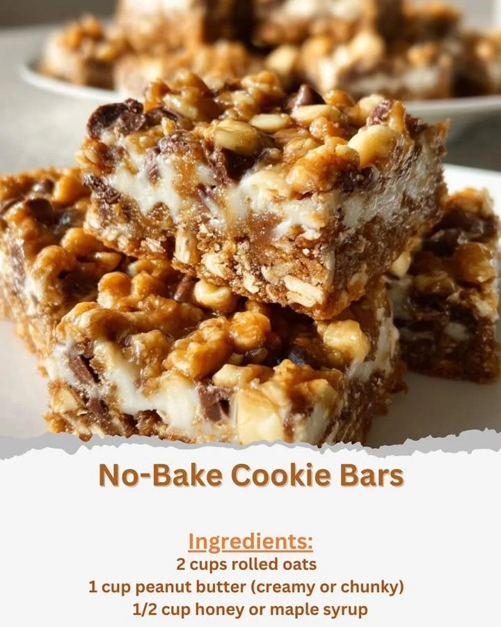 Delicious no-bake cookie bars displayed on a wooden table.