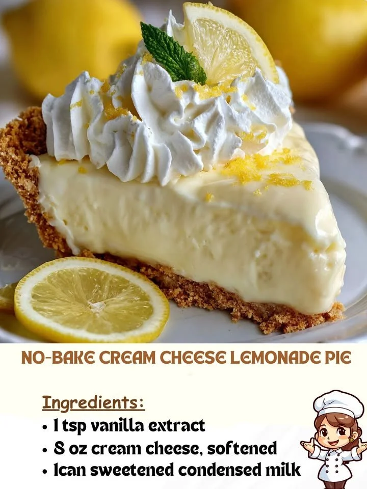 No-Bake Cream Cheese Lemonade Pie topped with lemon slices
