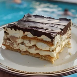 No Bake Eclair Cake with chocolate topping and layered cream filling