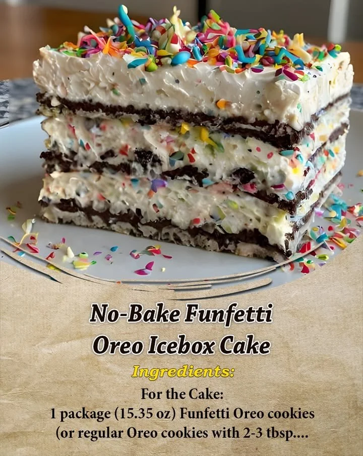 No-Bake Funfetti Oreo Icebox Cake layered with whipped cream and funfetti sprinkles.