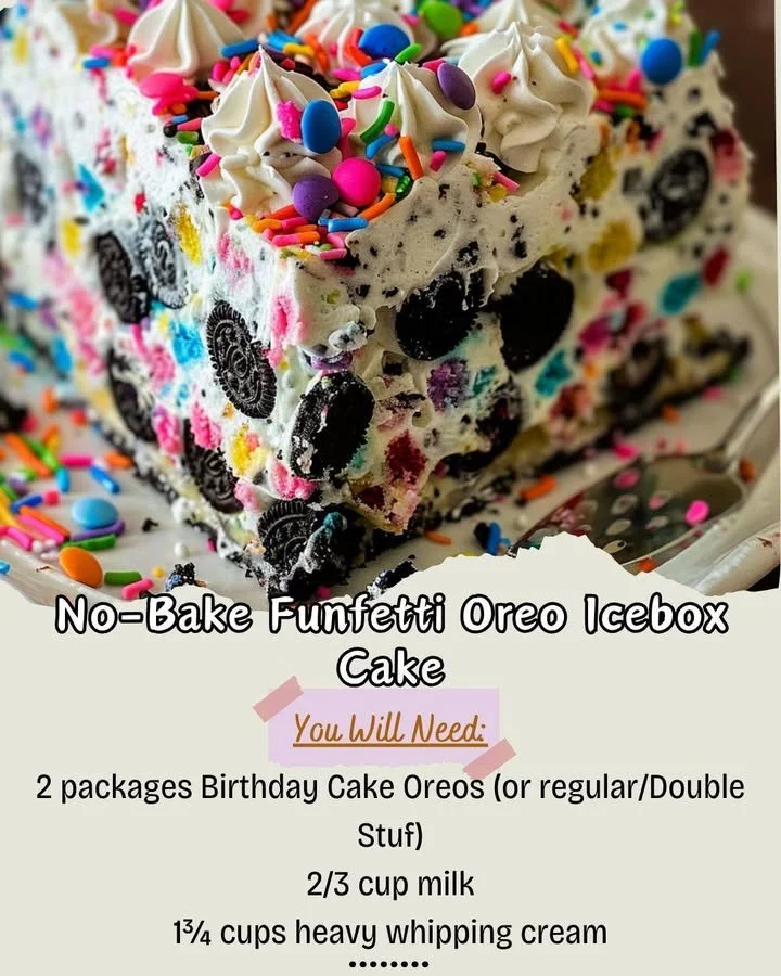 No-Bake Funfetti Oreo Icebox Cake with colorful sprinkles and Oreos