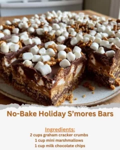 No-Bake Holiday S’mores Bars with chocolate, graham cracker, and marshmallow layers.