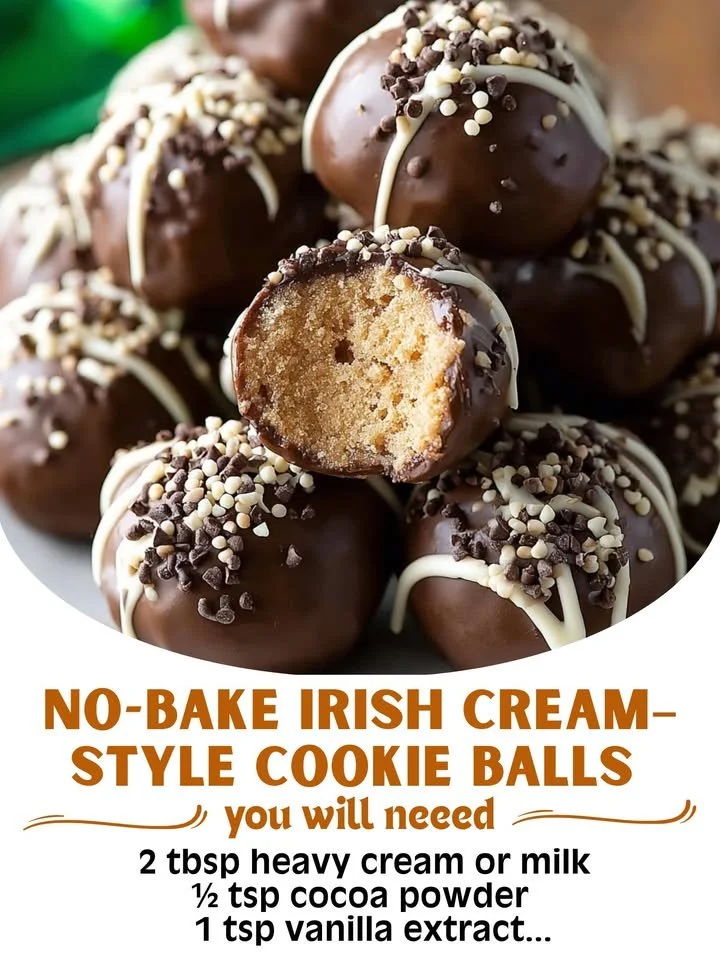 No-bake Irish cream-style cookie balls ready to enjoy, alcohol-free dessert.