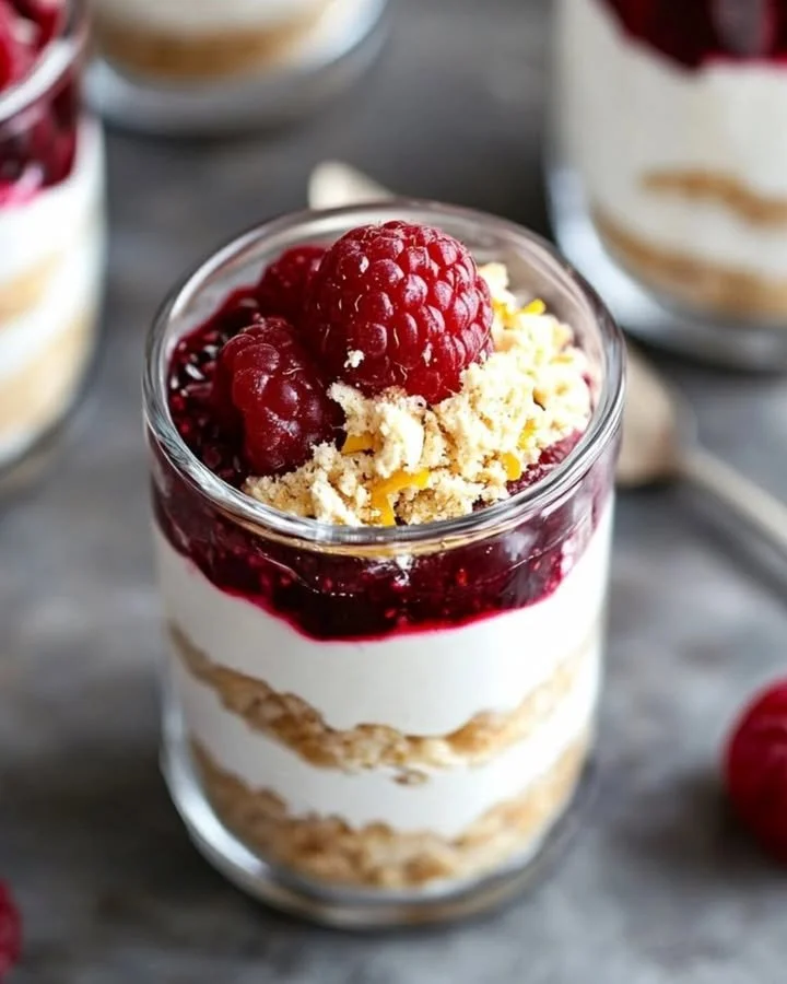 No Bake Lemon Raspberry Cheesecake Parfaits served in clear cups with fresh raspberries.