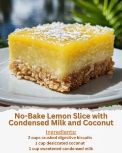 No-Bake Lemon Slice topped with coconut and made with condensed milk