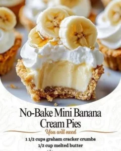 No-bake mini banana cream pies topped with fresh bananas and whipped cream