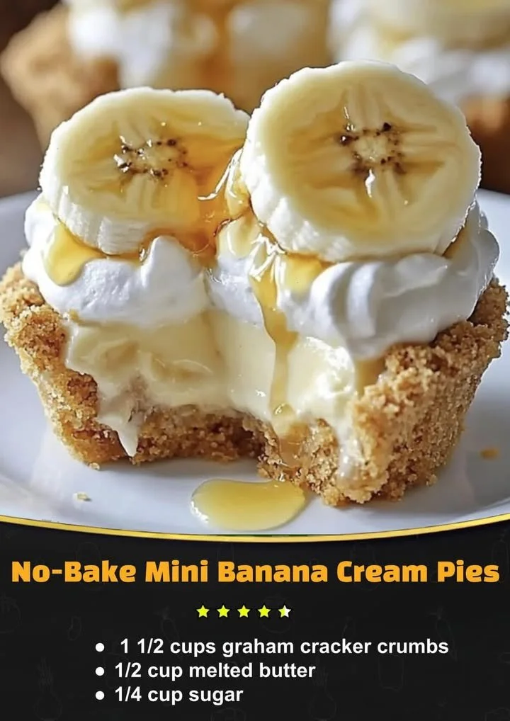 No-Bake Mini Banana Cream Pies in serving cups with banana slices and whipped cream.