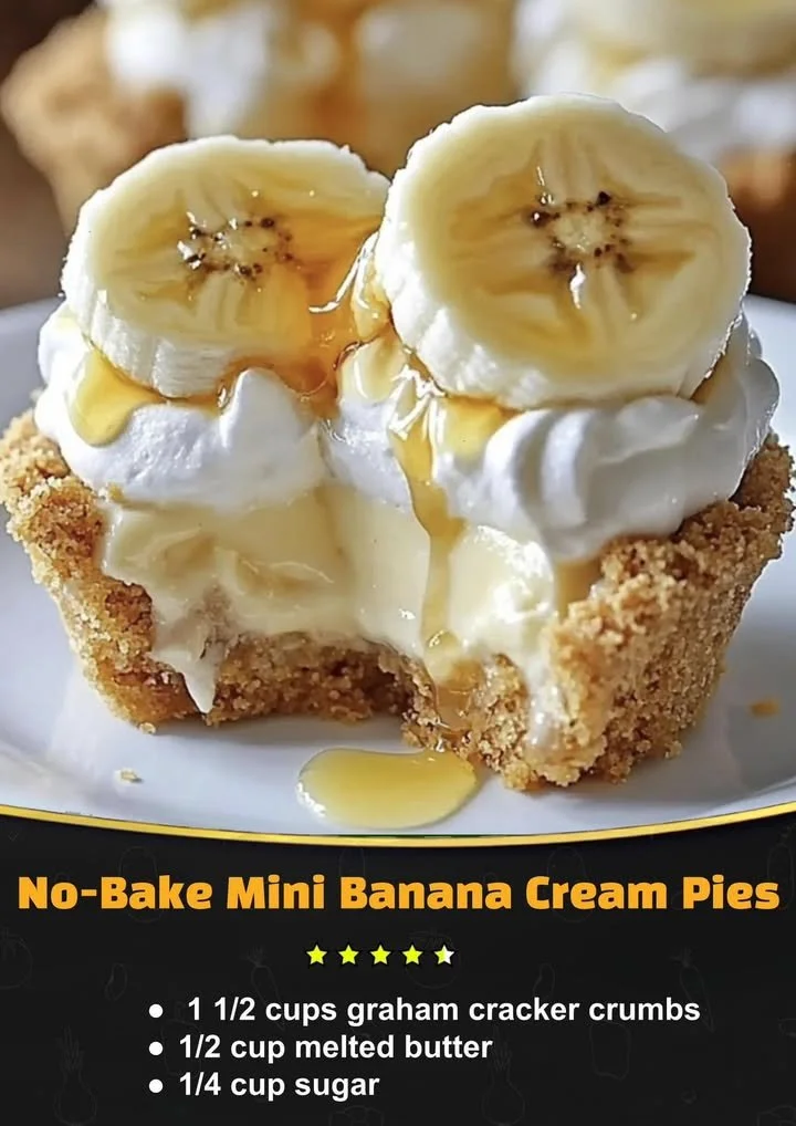Delicious no-bake mini banana cream pies topped with whipped cream and banana slices.