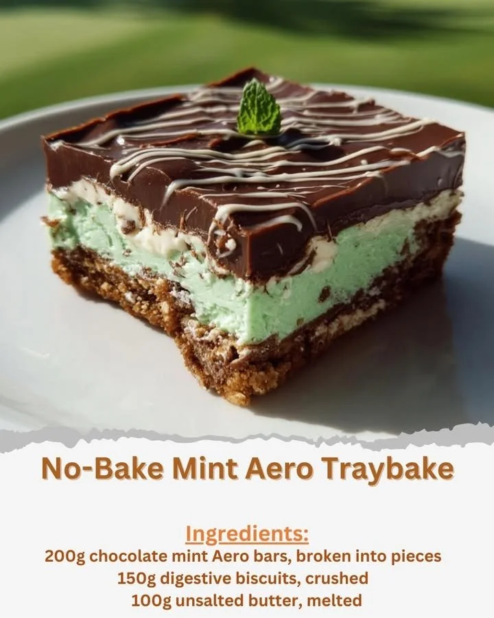No-bake Mint Aero Traybake cut into squares on a white plate.