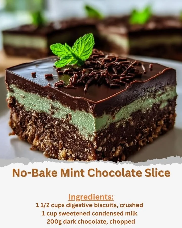 No-Bake Mint Chocolate Slice dessert on a plate with mint leaves.