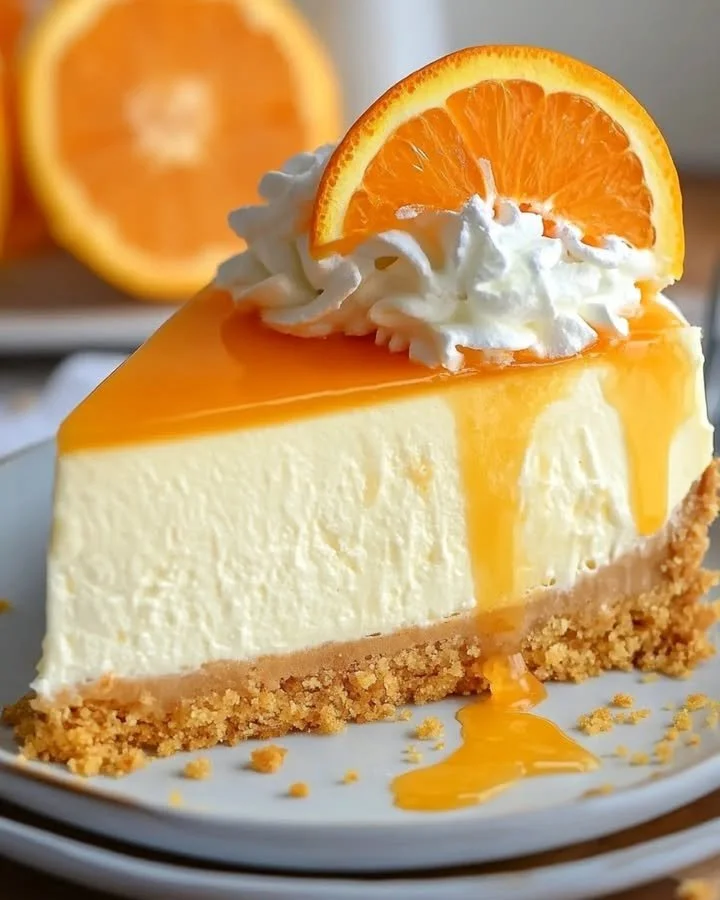 Delicious no-bake orange creamsicle cheesecake with a creamy texture and orange topping.