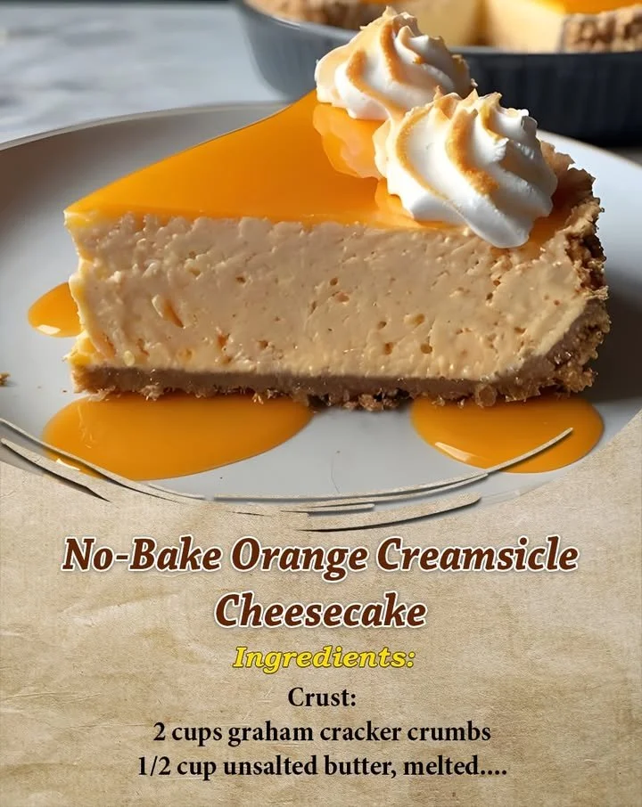 No-bake orange creamsicle cheesecake with a creamy orange filling and graham cracker crust.