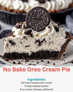 Delicious No Bake Oreo Cream Pie topped with whipped cream and chocolate