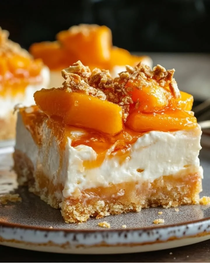 No-Bake Peach Cheesecake Bars served on a plate with fresh peach slices.