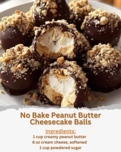 No bake peanut butter cheesecake balls with a creamy texture and chocolate drizzle