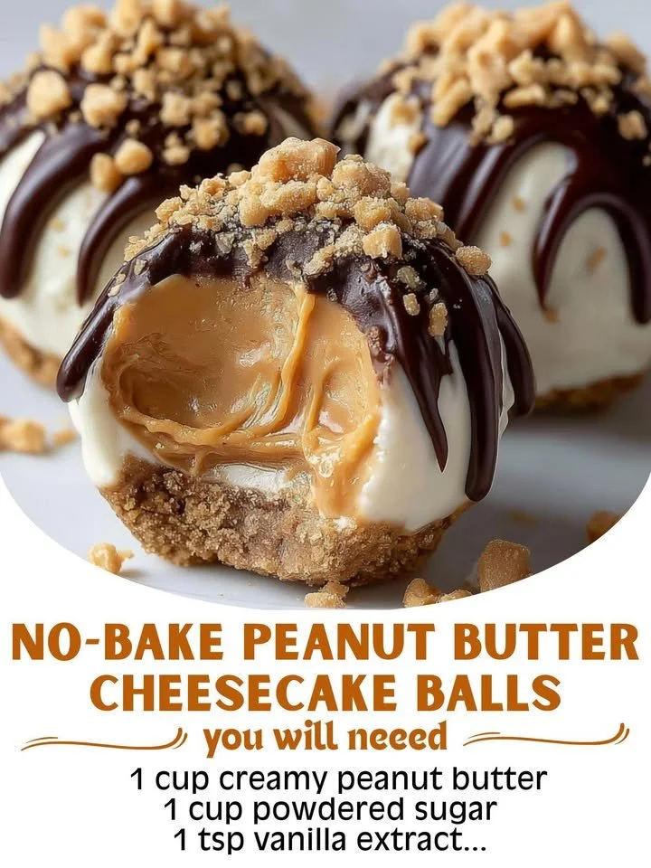 No-bake peanut butter cheesecake balls displayed on a plate