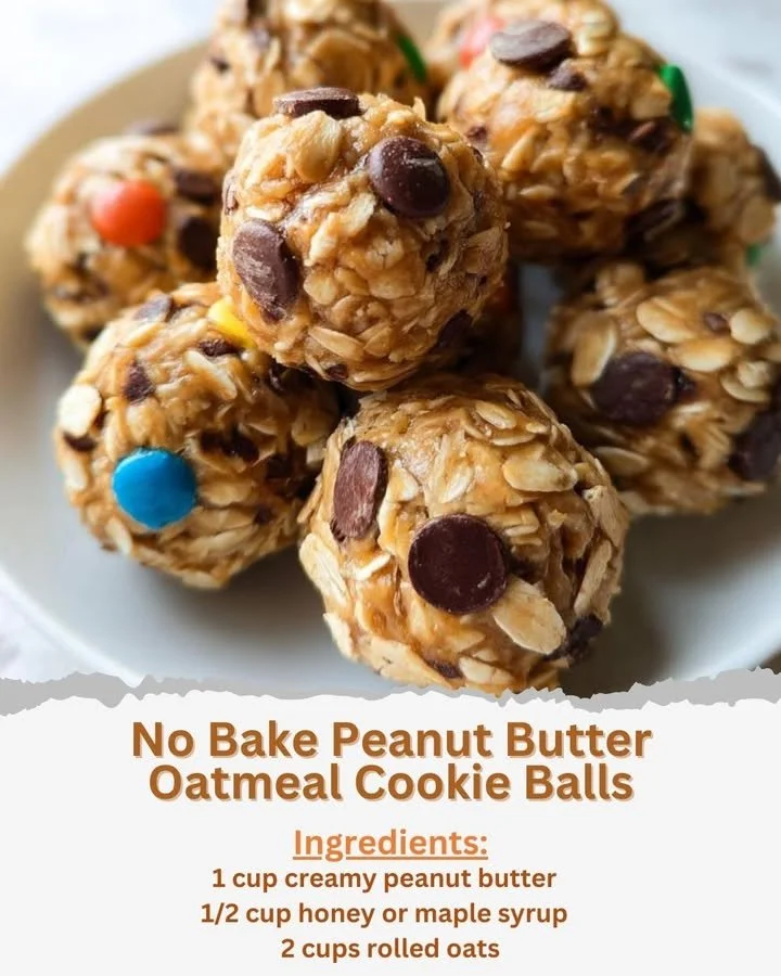 No bake peanut butter oatmeal cookie balls on a plate.