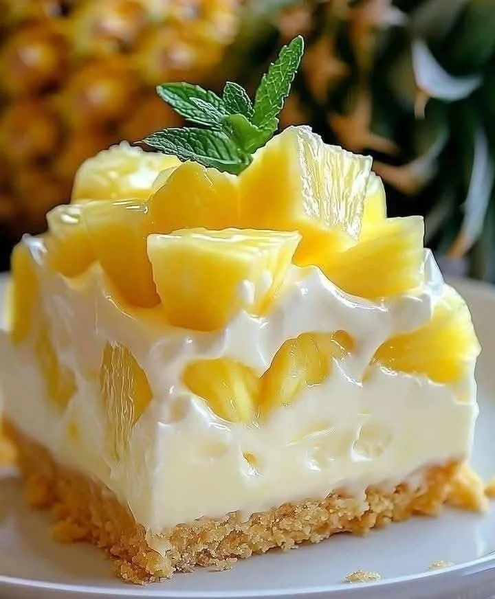 Delicious no-bake pineapple cream dessert served in a glass bowl.